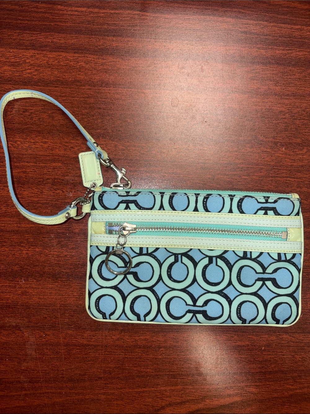 Rare Coach Poppy 3D Op Art Wristlet - Aqua Blue & Tea